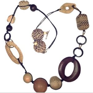 Necklace and Earring Set Mixed Media Natural Fibers Jute Wood Corded